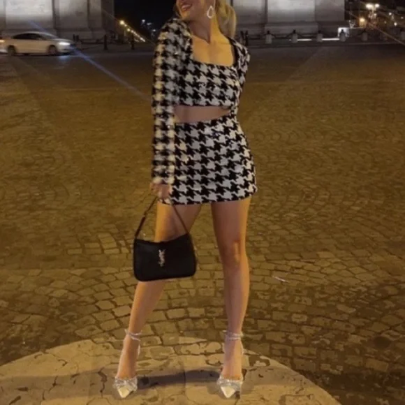 ZARA Black White Sequin Houndstooth Mini Skirt